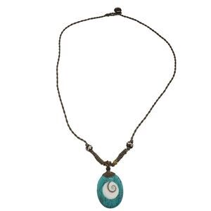 Surfcore Spiral Shell Faux Turquoise Brown Fiber Cord Bead Pendant 18” Necklace